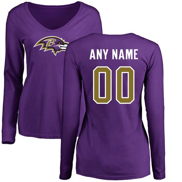 Women Baltimore Ravens NFL Pro Line Purple Custom Name and Number Logo Slim Fit Long Sleeve T-Shirt->nfl t-shirts->Sports Accessory
